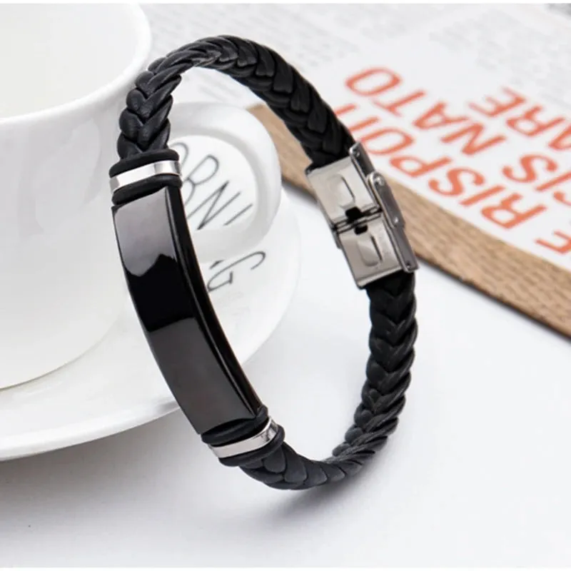 2022 Trendy Men Leatherwear Weave Bracelet Leisure Color Contrast Stainless Steel ID Bar Customize Engraving Bangle