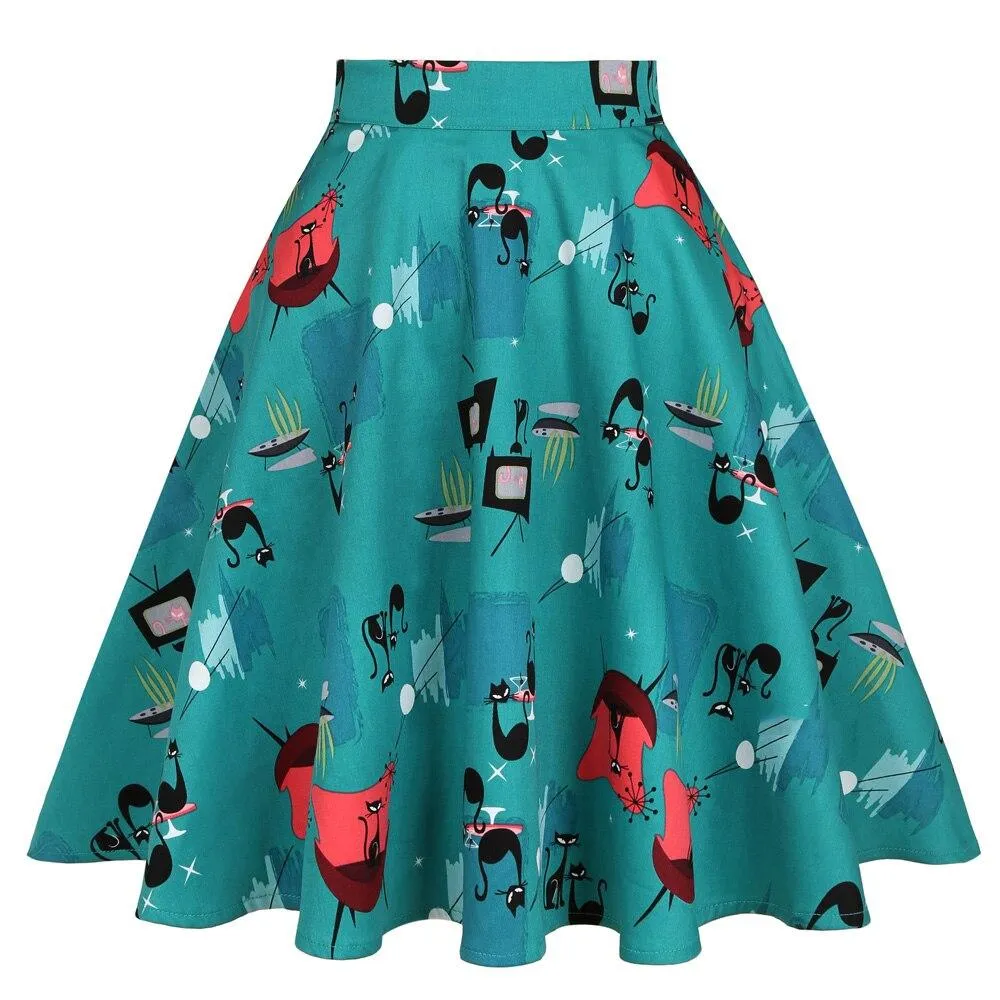 2023 Cat Printed Short Swing Cotton Casual Summer Skirts High Waist Vintage Retro Skater Punk Harajuku Midi Skirt faldas mujer