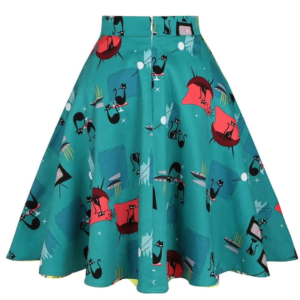 2023 Cat Printed Short Swing Cotton Casual Summer Skirts High Waist Vintage Retro Skater Punk Harajuku Midi Skirt faldas mujer