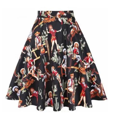 2023 Cat Printed Short Swing Cotton Casual Summer Skirts High Waist Vintage Retro Skater Punk Harajuku Midi Skirt faldas mujer