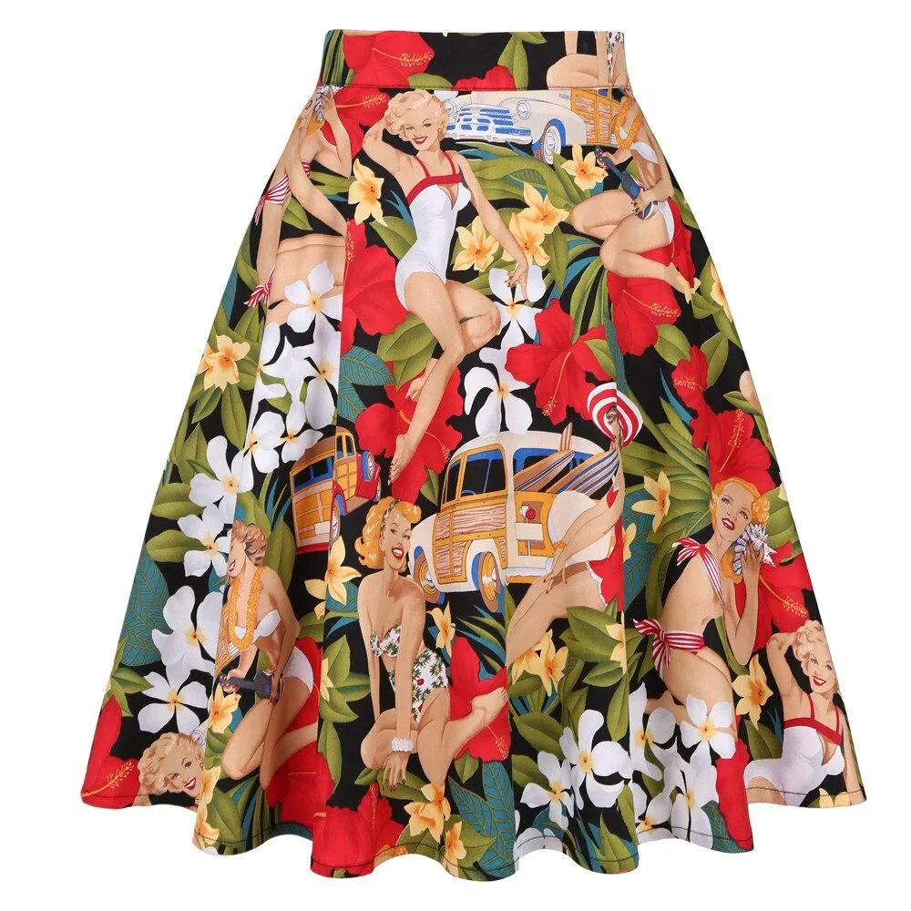 2023 Cat Printed Short Swing Cotton Casual Summer Skirts High Waist Vintage Retro Skater Punk Harajuku Midi Skirt faldas mujer