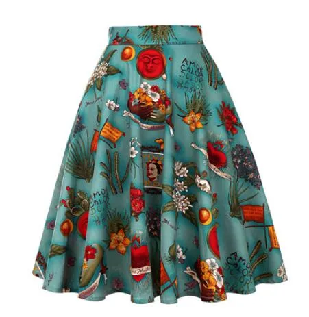 2023 Cat Printed Short Swing Cotton Casual Summer Skirts High Waist Vintage Retro Skater Punk Harajuku Midi Skirt faldas mujer