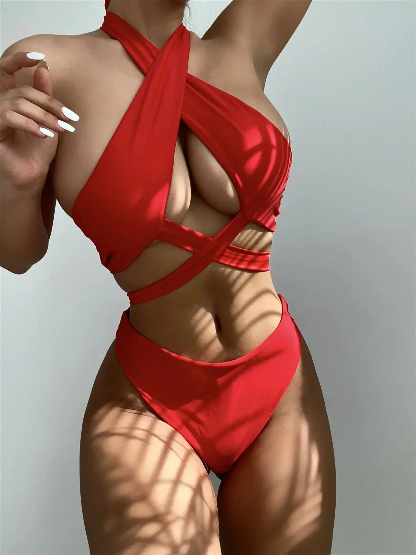 2023 High Neck Cross Bikini Set - Women's Push Up Hollow Out Swimsuit & High Waist Swimwear