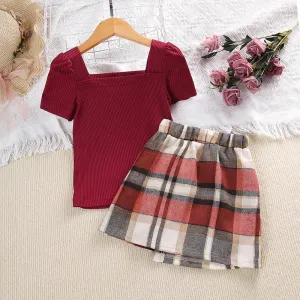 2023 Summer New Girls Suit Bubble Sleeve French Square Neck Top Plaid Skirt Two-piece Set