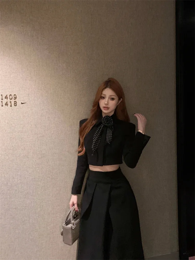 2024 Autumn New French Women's Elegant Fashion Two Piece Set Korean Casual Coat   Long Skirt Suits Female Conjuntos Femininos