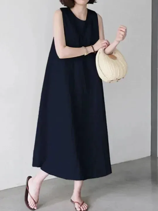 2024 Summer Women Dress Cotton Linen Tank O-neck Sleeveless White Dresses Female New Elegant Casual Loose Korean Clothes Ladies