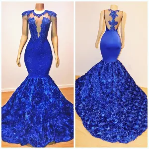 2025 Mermaid Royal Blue Open Front Rose Lace Prom Dresses