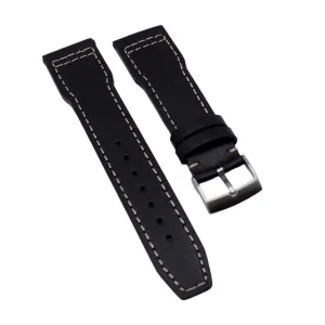 20mm, 21mm Pilot Style Black Italian Calf Leather Watch Strap For IWC, Cream Stitching, Semi Square Tail