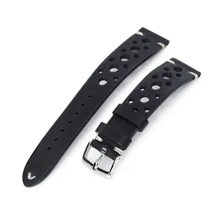 20mm Black Italian Handmade Racer Watch Band, Beige Stitching, P Buckle