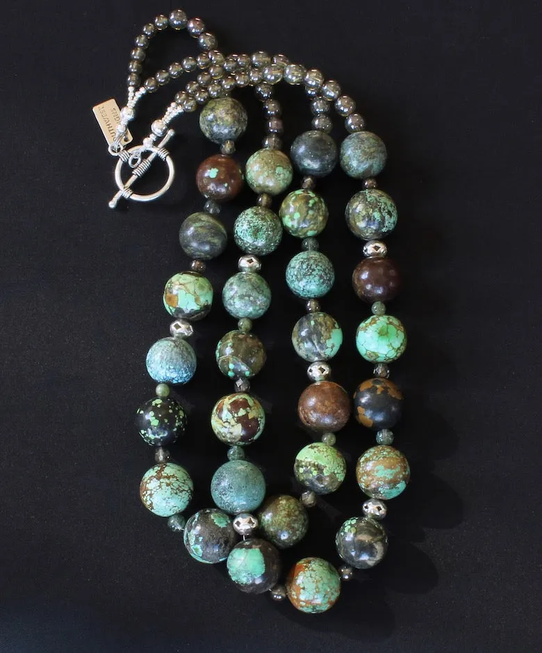 20mm Turquoise Rounds 2-Strand Necklace with Czech Druk Glass, Rutilated Quartz, Peridot Rounds, and Sterling Silver