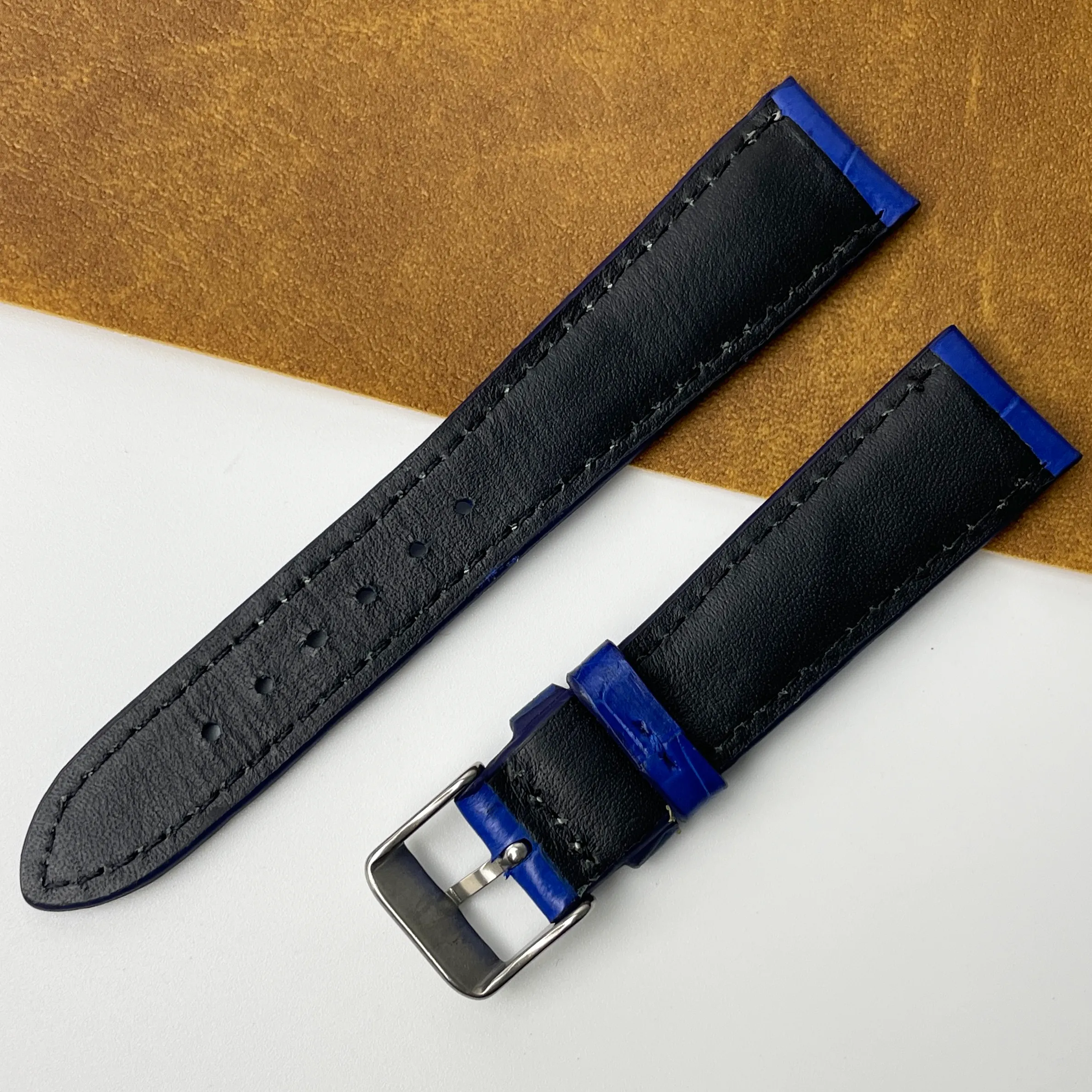 20mm Unique White Hand-stitching Blue Alligator Leather Watch Band For Men DH-159K