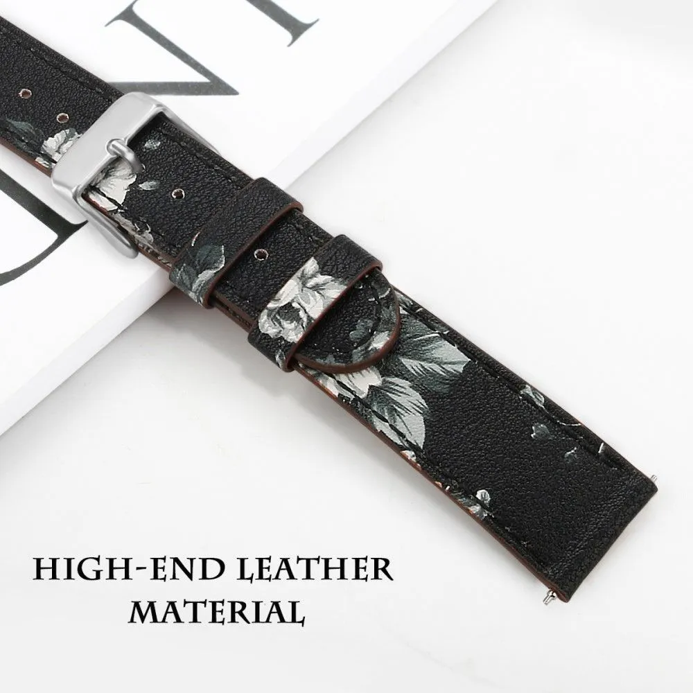 20mm Universal cowhide genuine leather watch strap - Black / White Flower