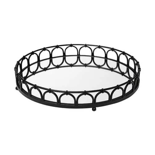 20" Matte Black Metal With Intricately Railings And Mirrored Glass Bottom Round Tray