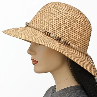 212 Straw Travel Beach Hat with bead macrame trim, adjustable fit, two colours