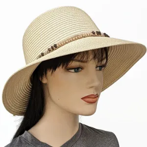 212 Straw Travel Beach Hat with bead macrame trim, adjustable fit, two colours