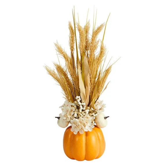 21" Artificial Autumn Dried Wheat & Pumpkin Arrangement in Pumpkin Vase - Low Maintenance, Life-Like & Vibrant Silk Flowers For Busy People.