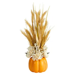 21" Artificial Autumn Dried Wheat & Pumpkin Arrangement in Pumpkin Vase - Low Maintenance, Life-Like & Vibrant Silk Flowers For Busy People.