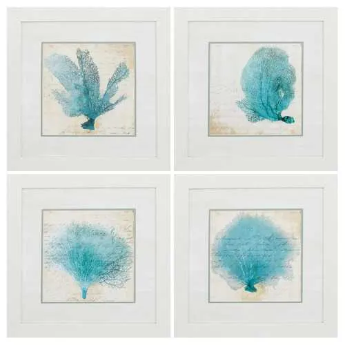 21" X 21" White Frame Blue Coral (Set of 4)