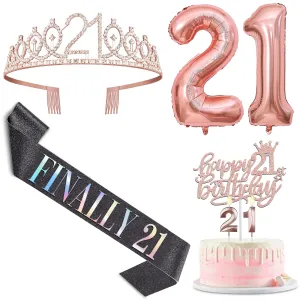 21st Birthday Decorations For Her Black Rose Gold Include Glittery Black Finally 21 Birthday Sash and Tiara Rose Gold, 21 Birthday Cake Topper, Number 21 Birthday Candles, Rose Gold 21 Balloons