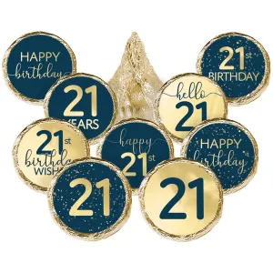 21st Birthday: Navy Blue & Gold - Adult Birthday - Stickers - Fits Hershey's Kisses Candy - 180 Stickers