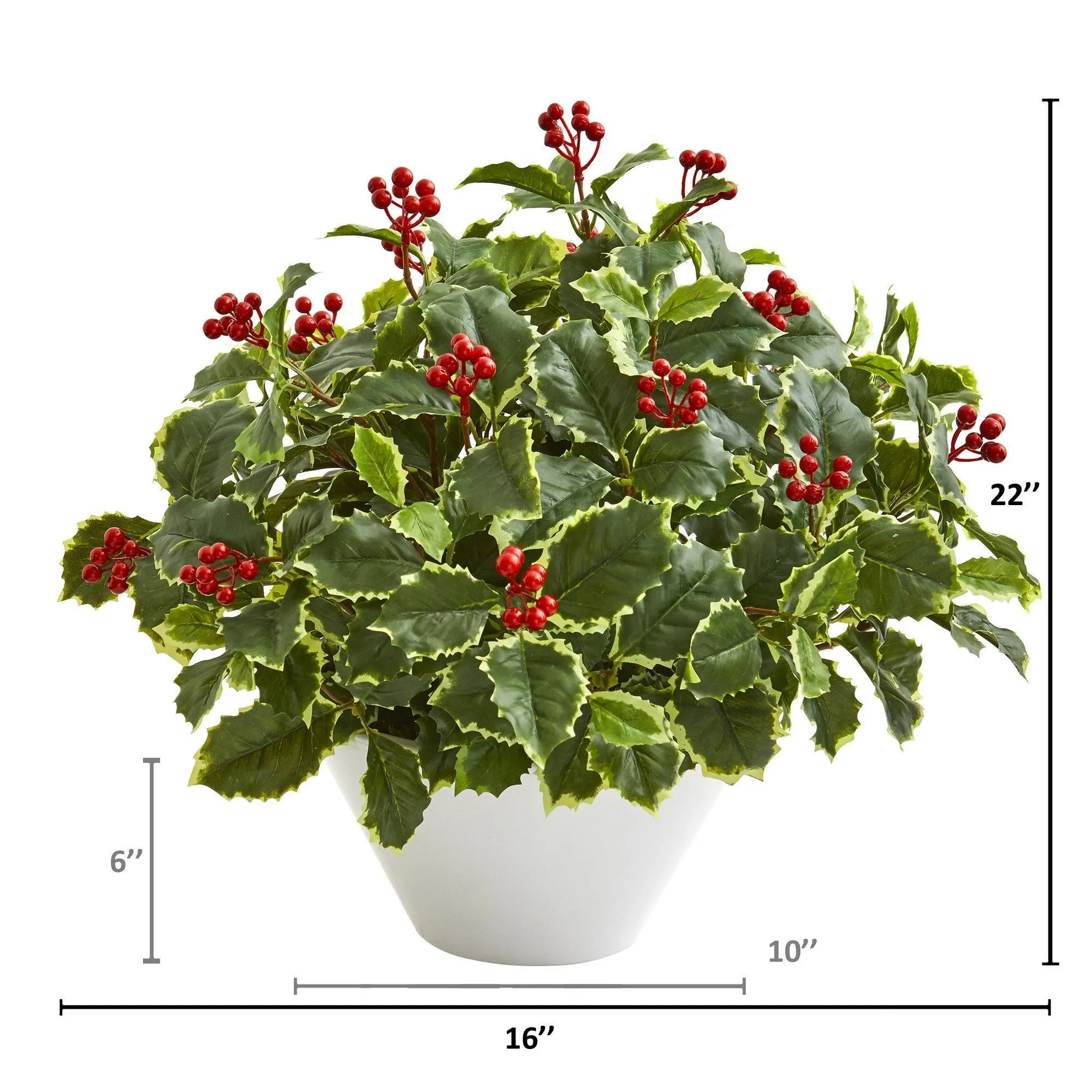 22” Variegated Holly Leaf Artificial Plant in White Vase (Real Touch)