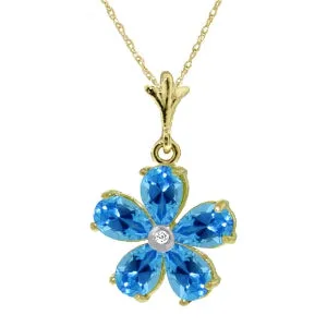 2.22 Carat 14K Solid Yellow Gold Necklace Natural Blue Topaz Diamond