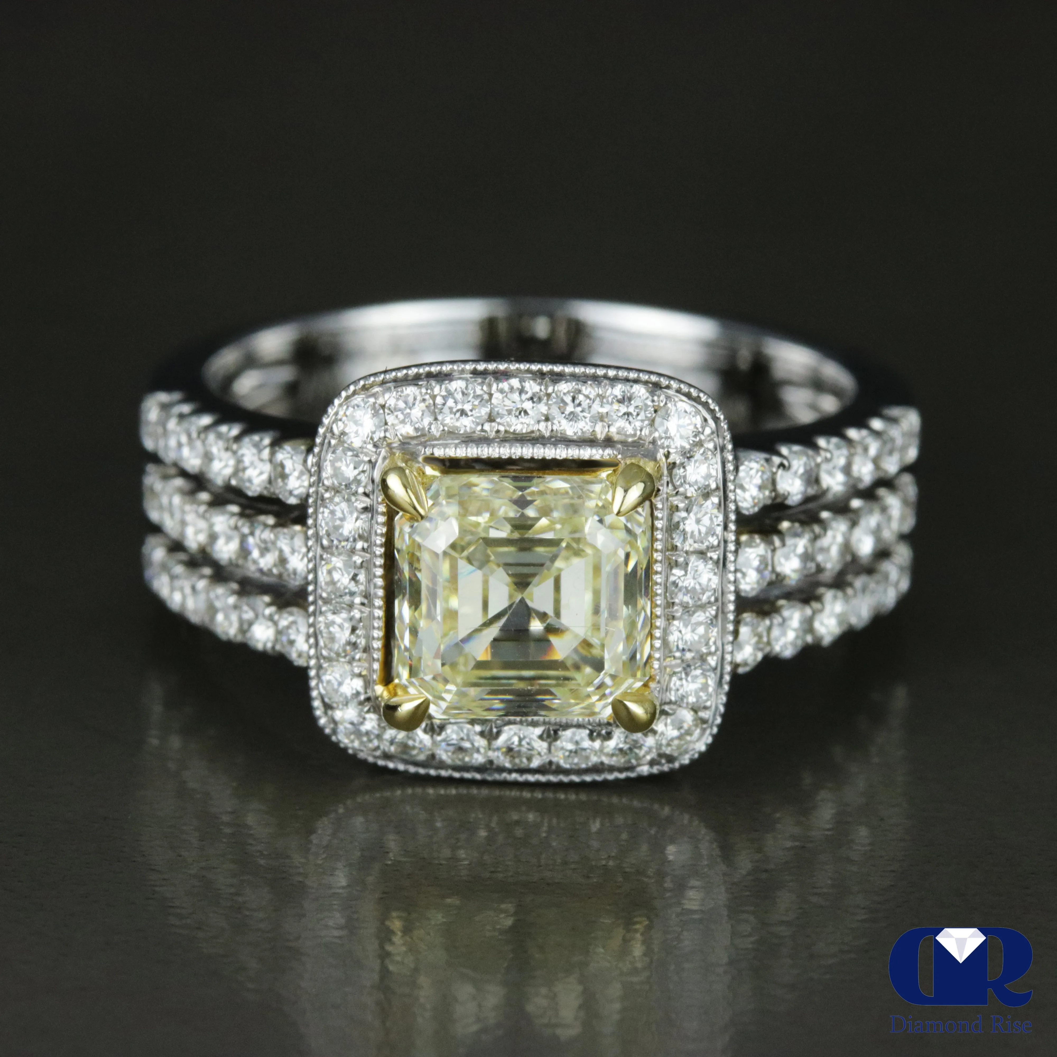 2.22 Carat Fancy Yellow Asscher Cut Diamond Engagement Ring In 18K White Gold