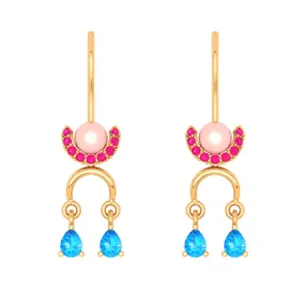 22k Dangle Gold Earrings With Blue & Red Gemstones Goldlites Collection