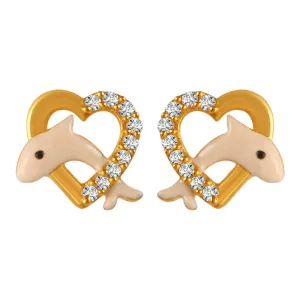 22k Gold Earrings With Peach Dolphin Motifs In Stone-studded Hearts