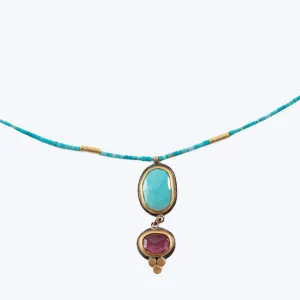 22k Gold Rosecut Turquoise, Pink Sapphire Necklace