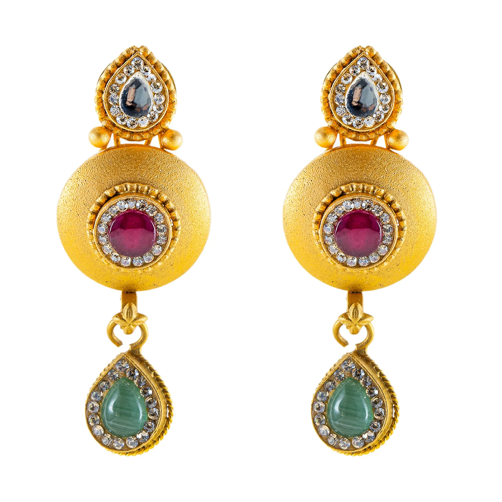 22K Yellow Gold Bridal Necklace Set w/ CZ, Emerald, Kundan & Ruby (62.5gm)