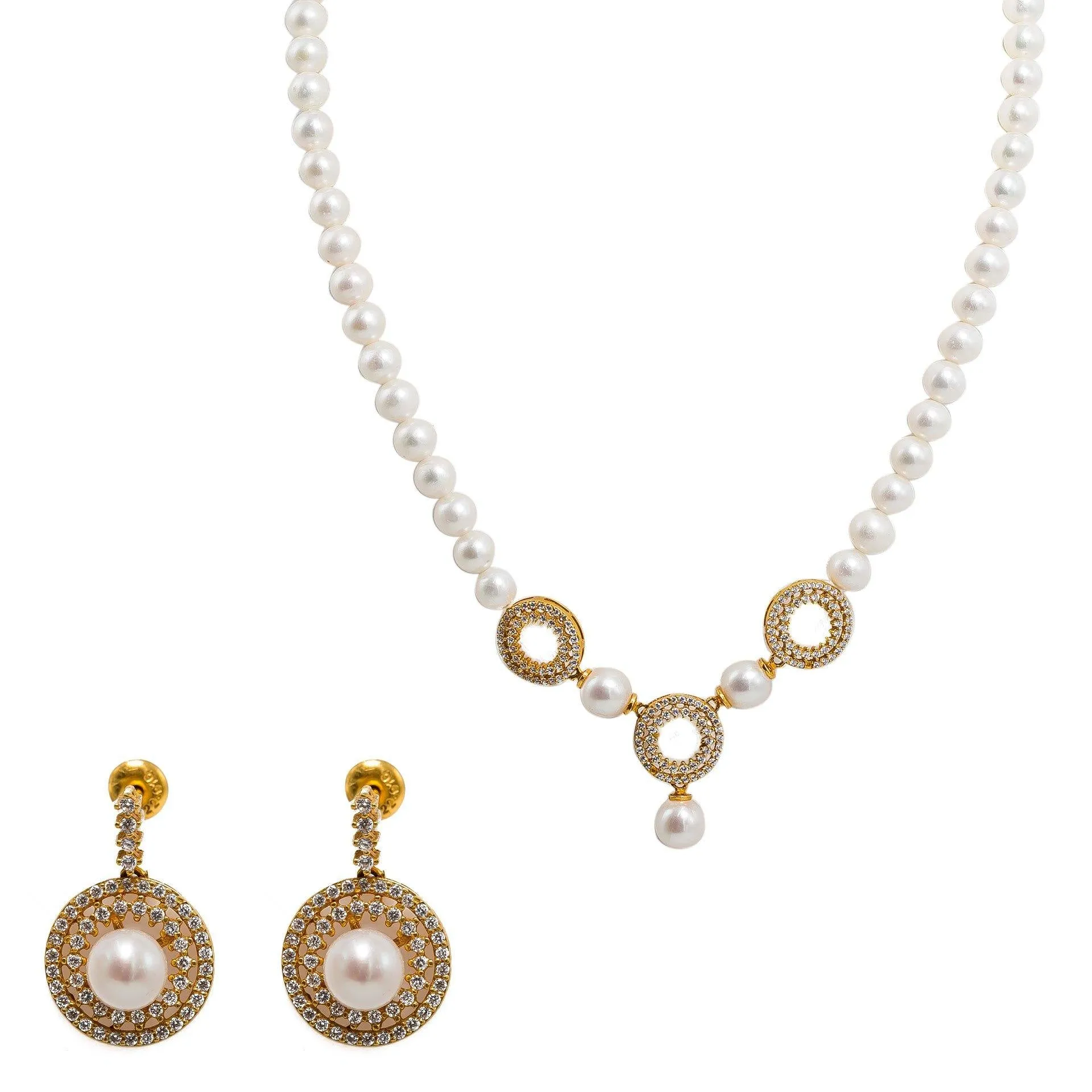 22K Yellow Gold Pearl Necklace & Earrings Set W/ Pearls, CZ Gems & Round Eyelet Accents