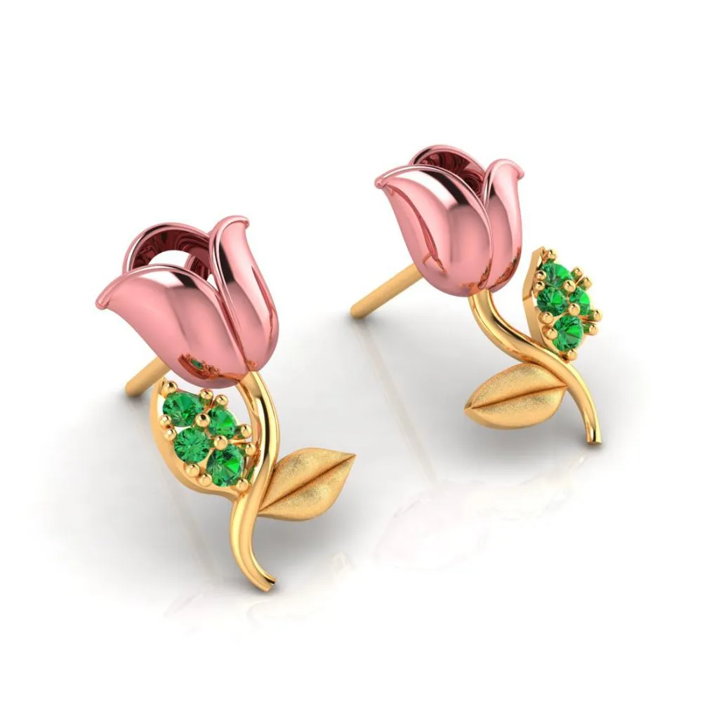 22k Yellow With Green Stone Stud Gold Earrings