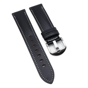 22mm, 24mm Black Bridle Leather Watch Strap, White Stitching