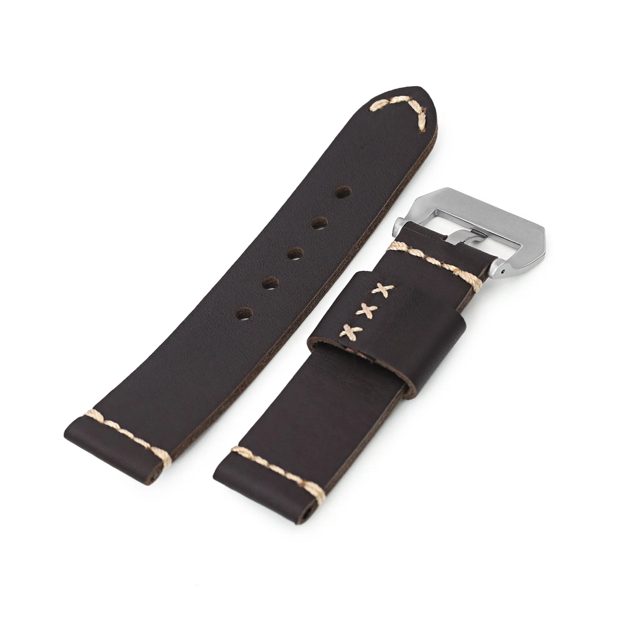 22mm Dark Brown Ammo Leather Watch Band, Brushed Buckle