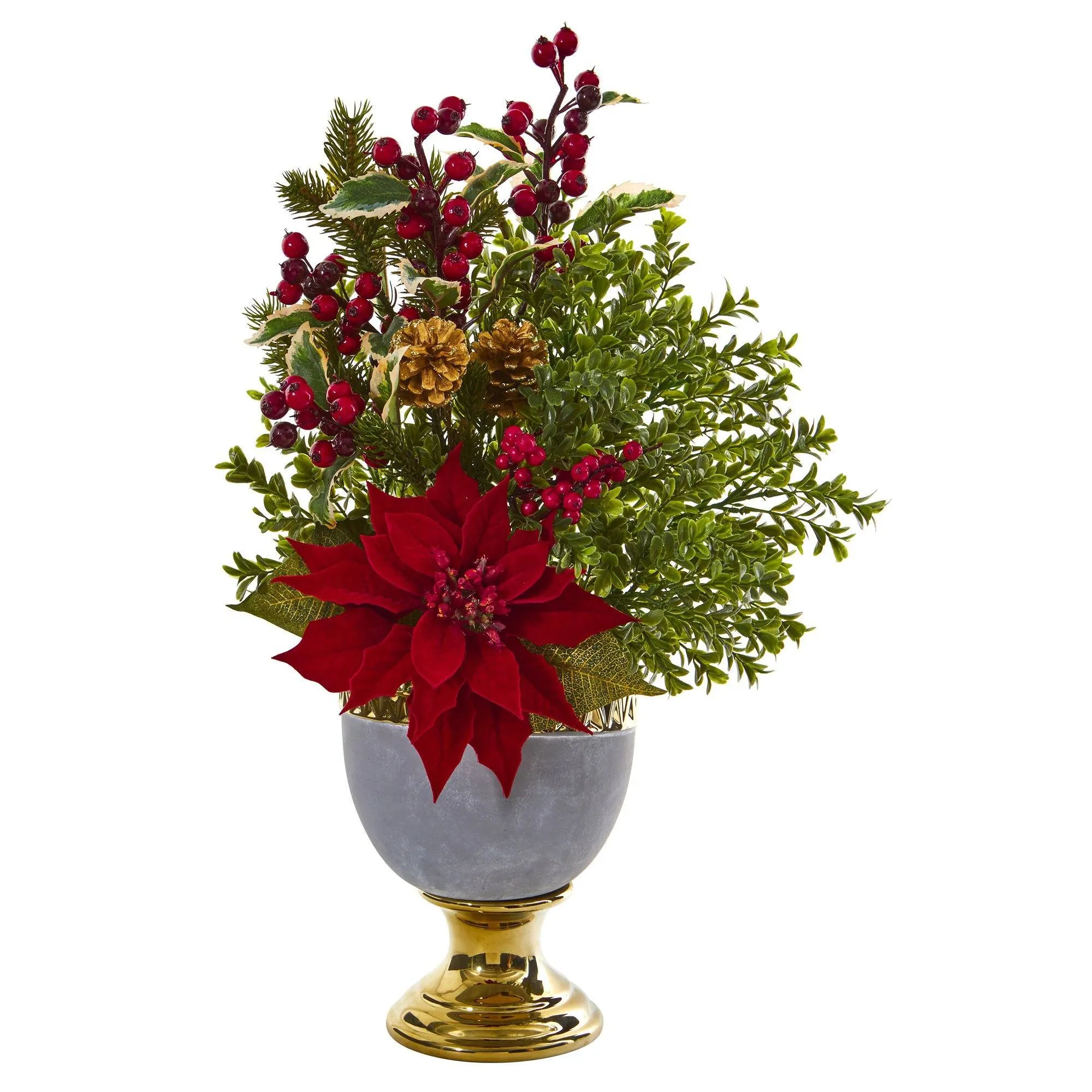 23” Poinsettia and Boxwood Artificial Arrangement in Stoneware Urn with Gold Trimming