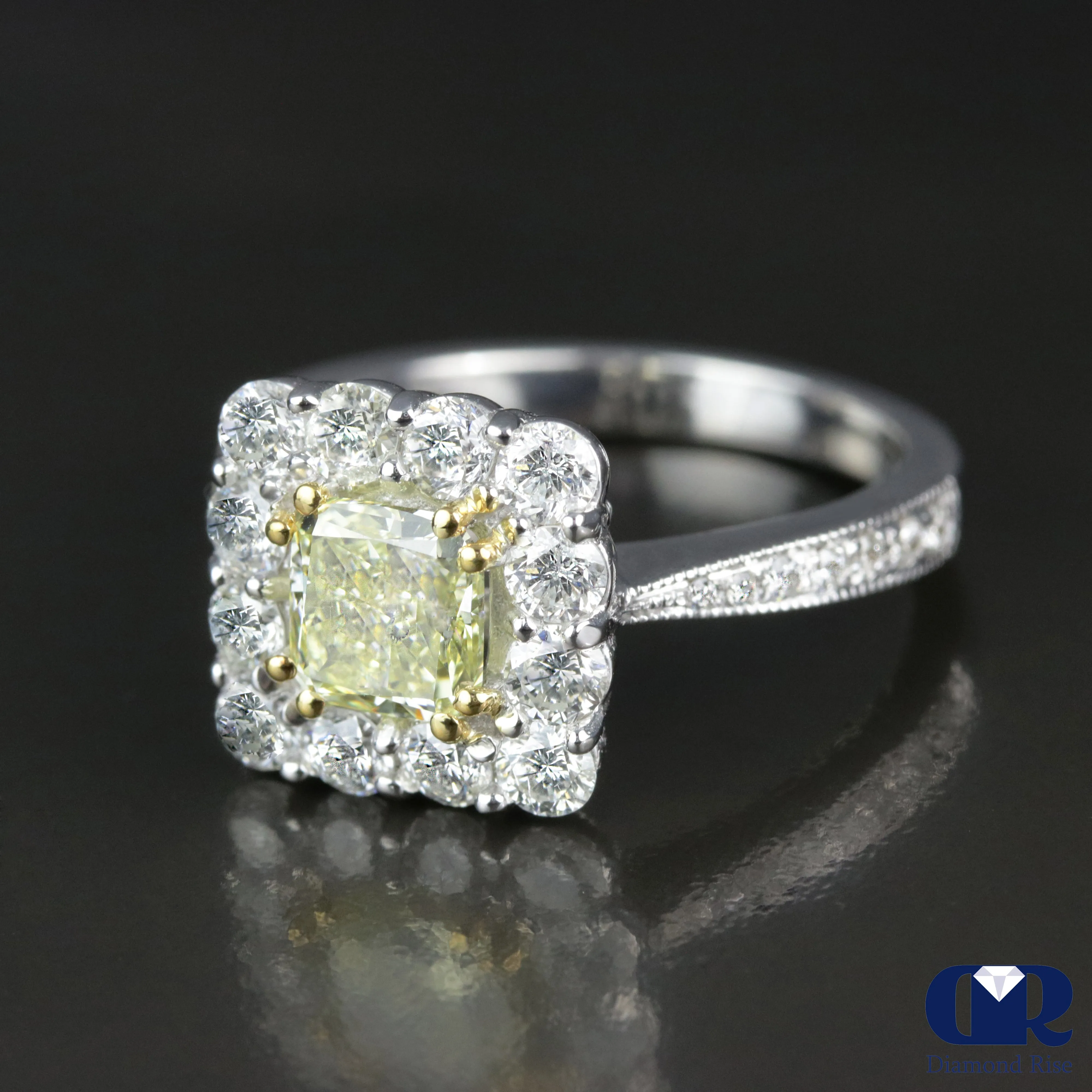 2.33 Carat Fancy Yellow Radiant Cut Diamond Halo Engagement Ring In 14K White Gold