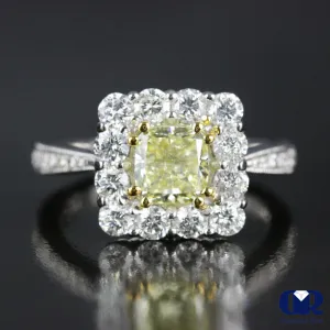 2.33 Carat Fancy Yellow Radiant Cut Diamond Halo Engagement Ring In 14K White Gold