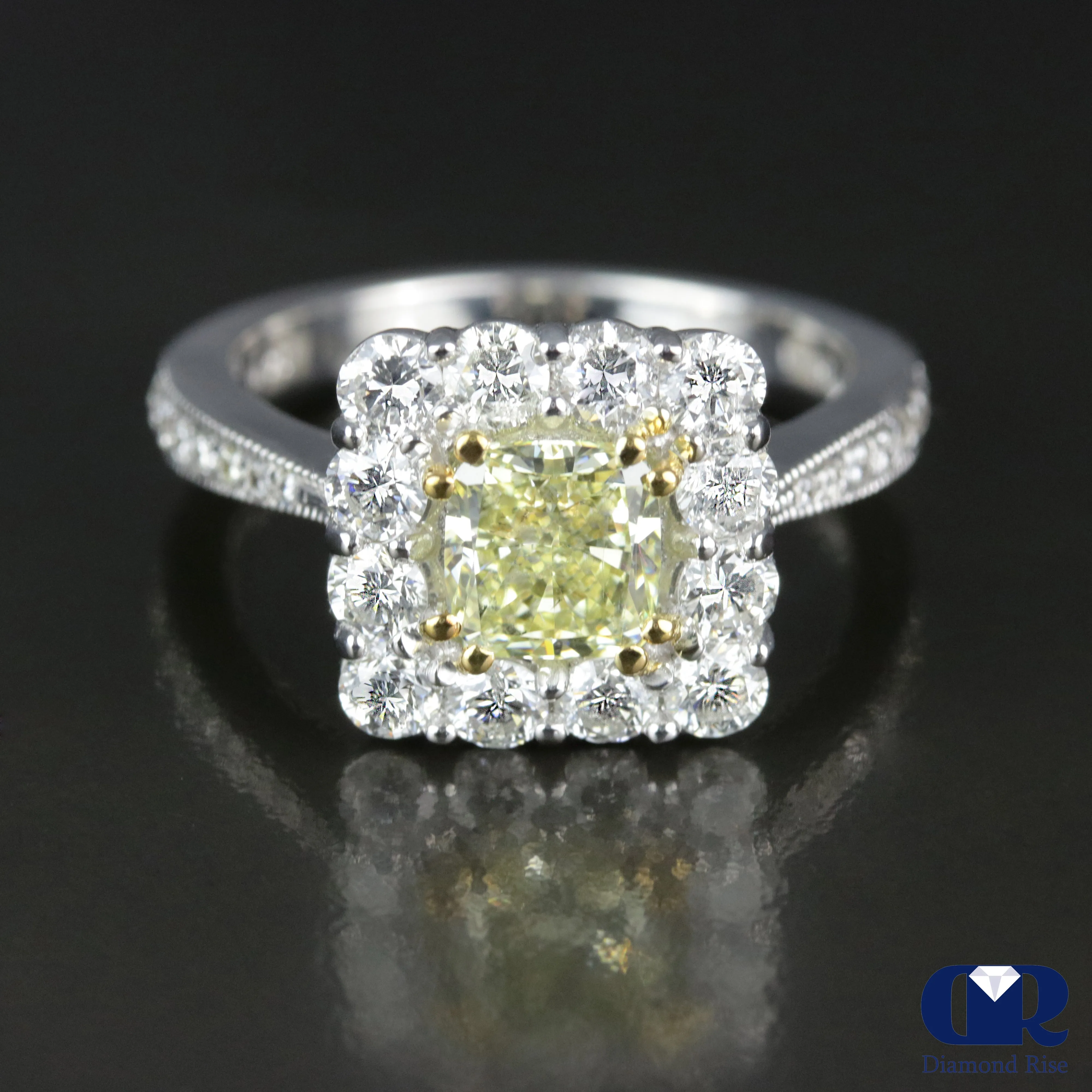 2.33 Carat Fancy Yellow Radiant Cut Diamond Halo Engagement Ring In 14K White Gold