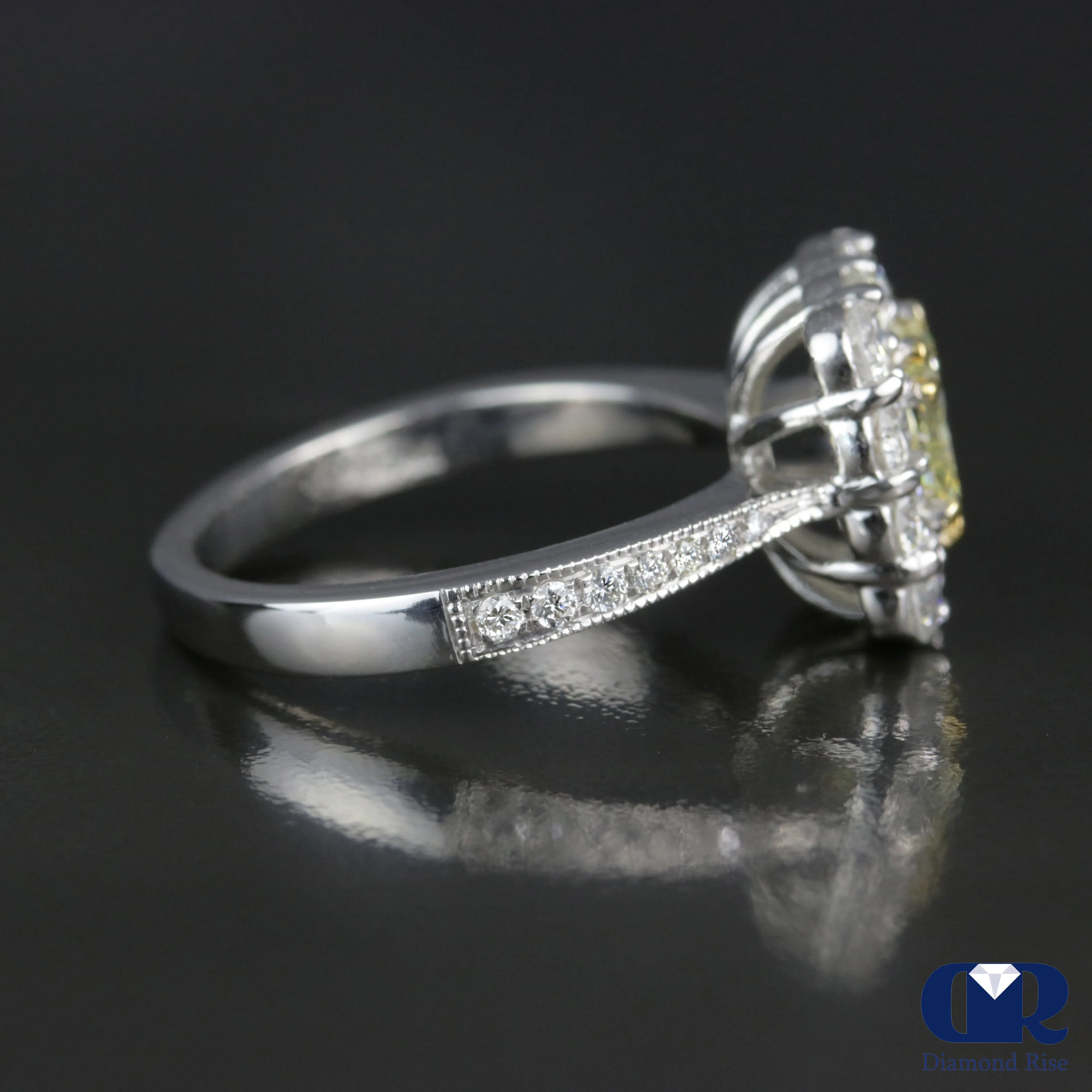 2.33 Carat Fancy Yellow Radiant Cut Diamond Halo Engagement Ring In 14K White Gold