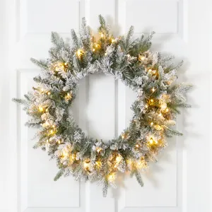 24” Flocked Artificial Christmas Wreath with 50 LED Lights