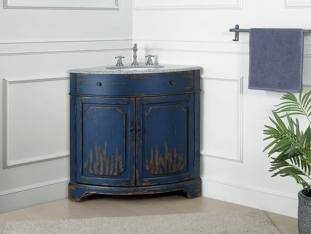 24 Inch Triadsville Freestanding Distressed Navy Blue Corner Bathroom Sink Vanity