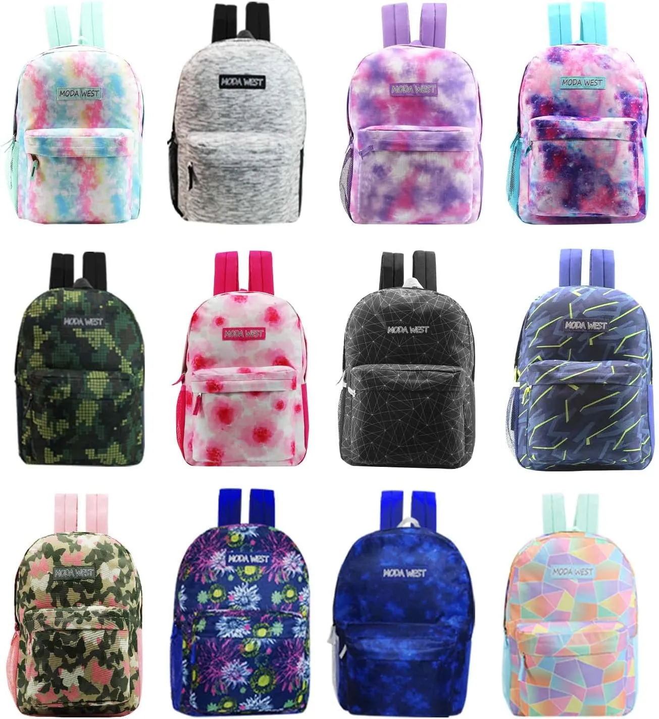 24 Pack of 17" Bungee Wholesale Backpack in Assorted Prints - Bulk Case of 24