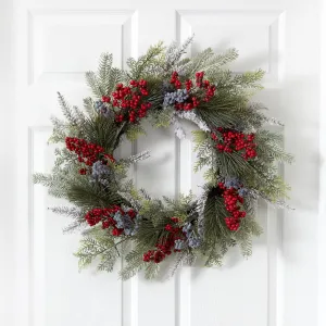 24” Pine and Cedar Artificial Wreath with Berries