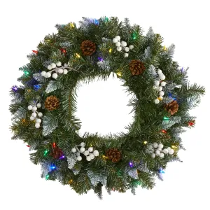 24” Snow Tipped Artificial Christmas Wreath with 50 Multicolored LED Lights, White Berries and Pine Cones