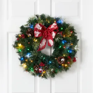 24” Snow Tipped Berry and Pinecone Artificial Wreath with Bow and 50 Multi-Colored LED Lights