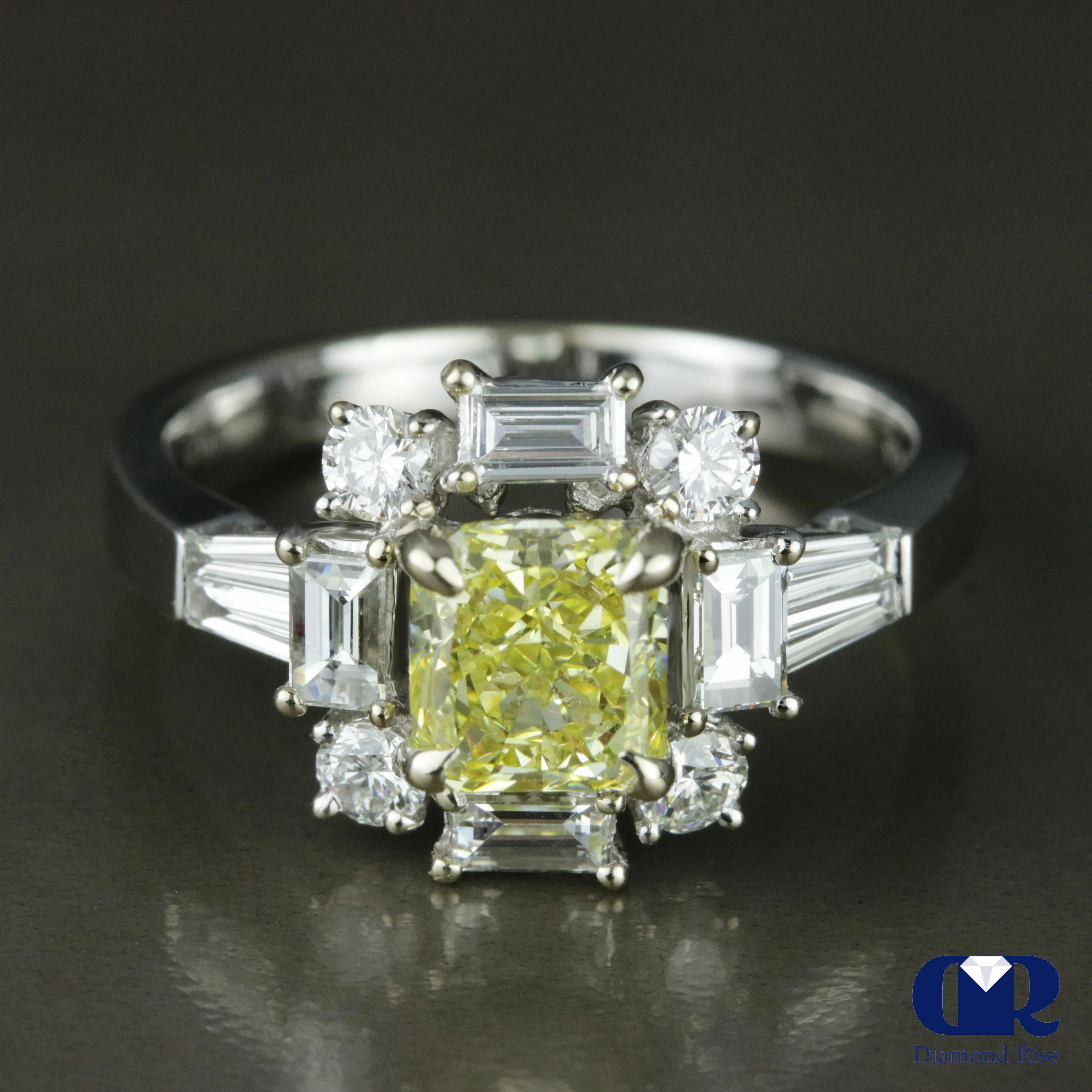 2.49 Carat Fancy Yellow Radiant Cut Engagement Ring In 18K White Gold