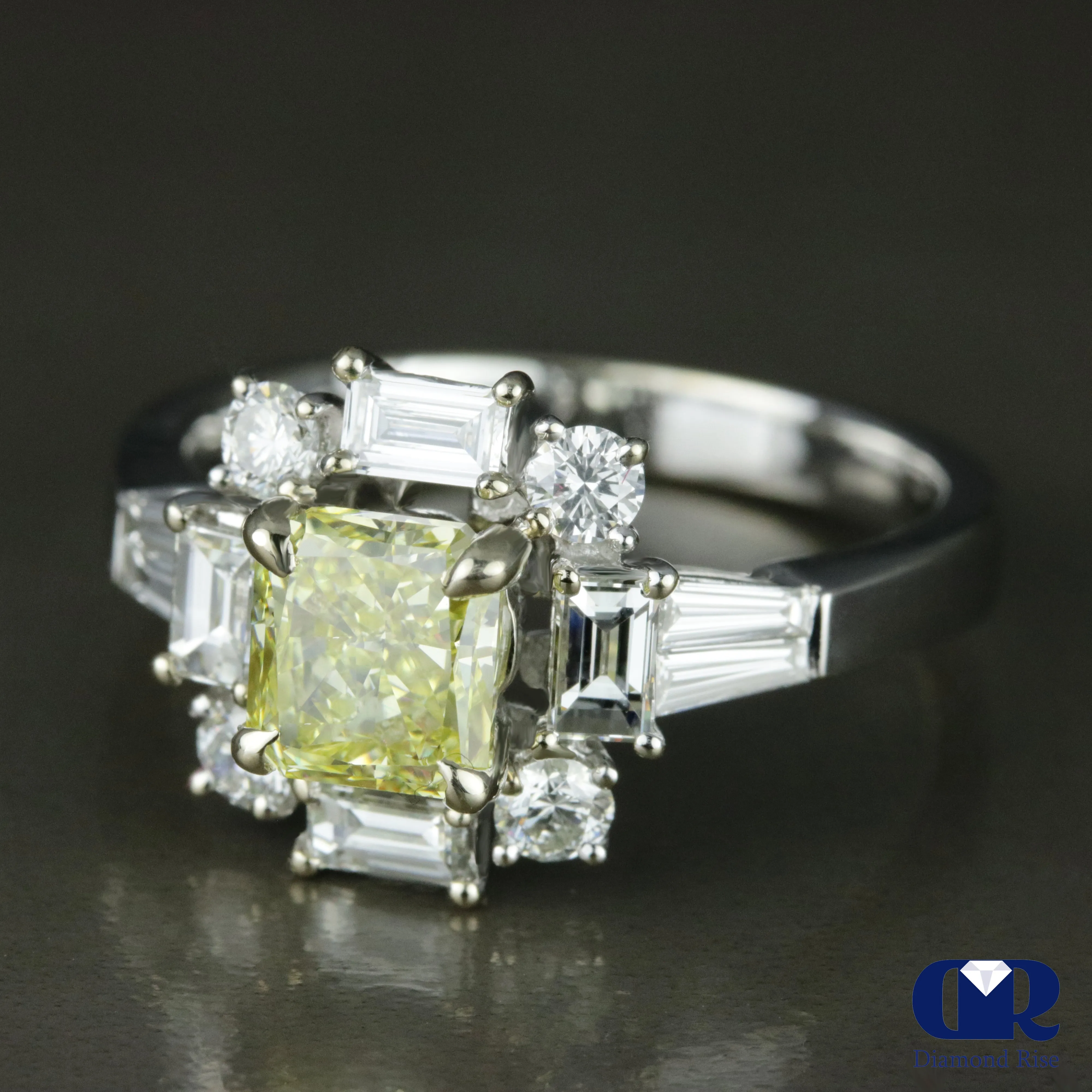 2.49 Carat Fancy Yellow Radiant Cut Engagement Ring In 18K White Gold