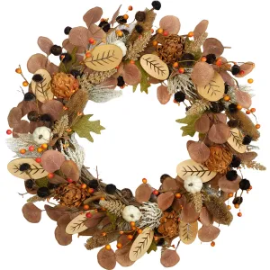 24Inch Fall Dried Flower Wreath For Front Door, Autumn Thanksgiving Day And Harvest Wreath Decorations with Pumpkins And Berries, Fall Floral Eucalyptus Leaves Wreath For Indoor And Outdoor Use