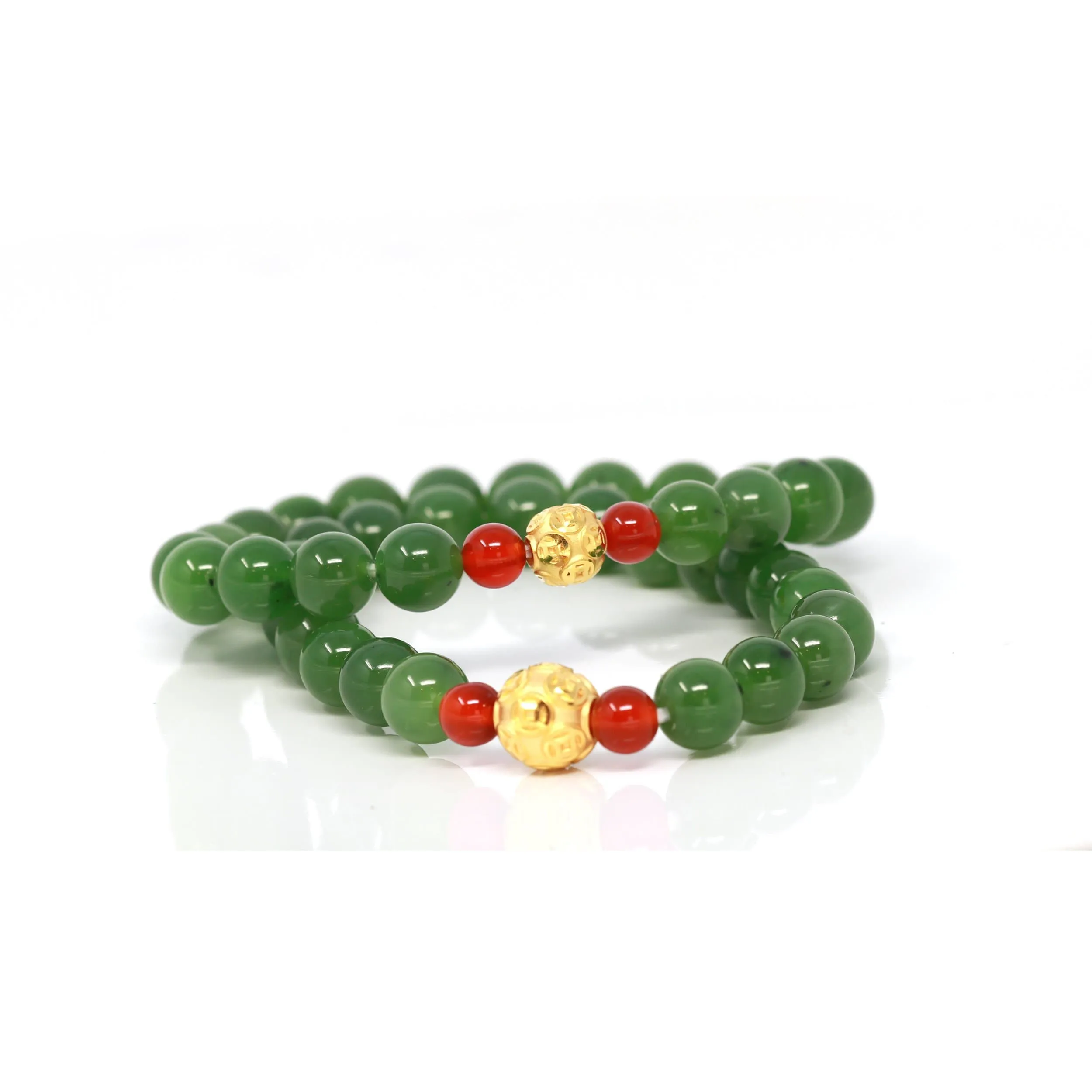 24K Pure Yellow Gold Money Bead With Genuine Green Jade Round Beads Bracelet Bangle ( 8 mm )